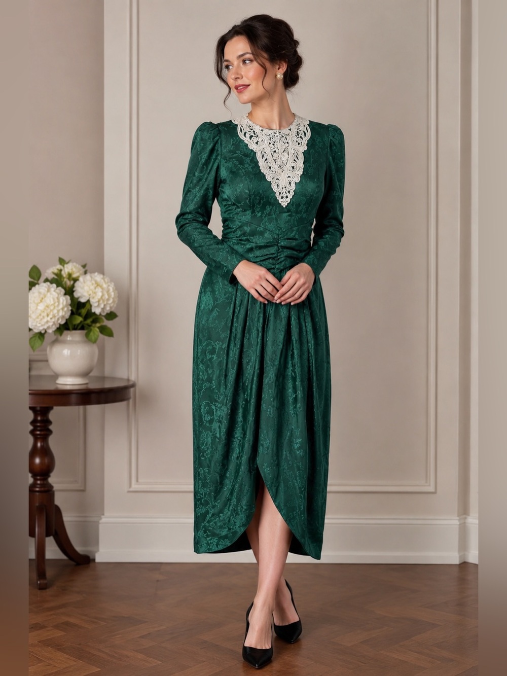VTG Scott McClintock Green Brocade Lace Collar satin dress Victorian sz 6